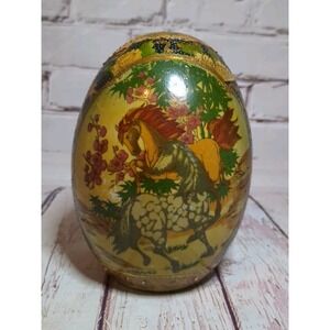 Vintage Satsuma 7" Ceramic Egg Hand Painted Horses Gold Gilt Cloisonne Look